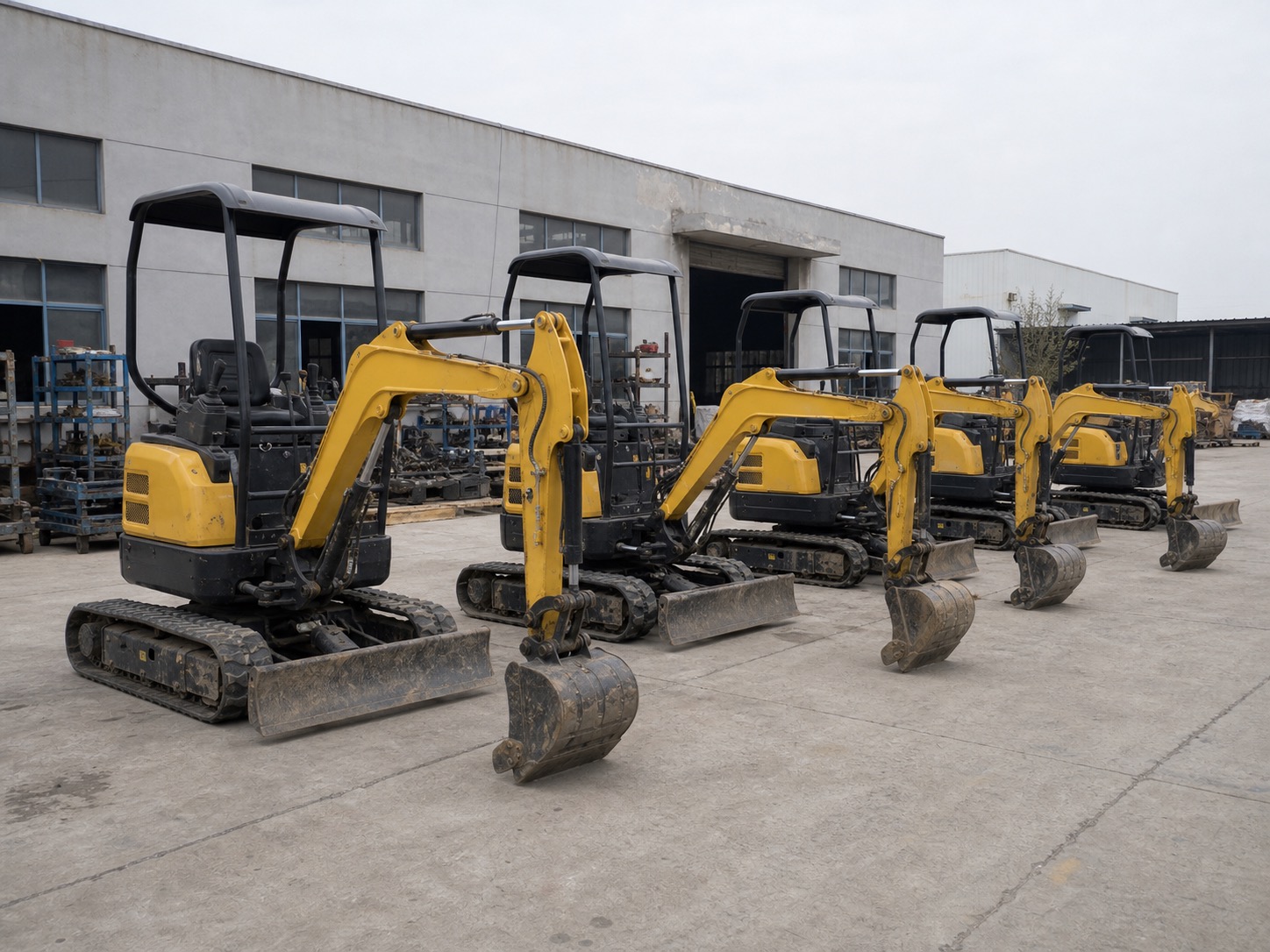 Excavators lined up in a factory yard
