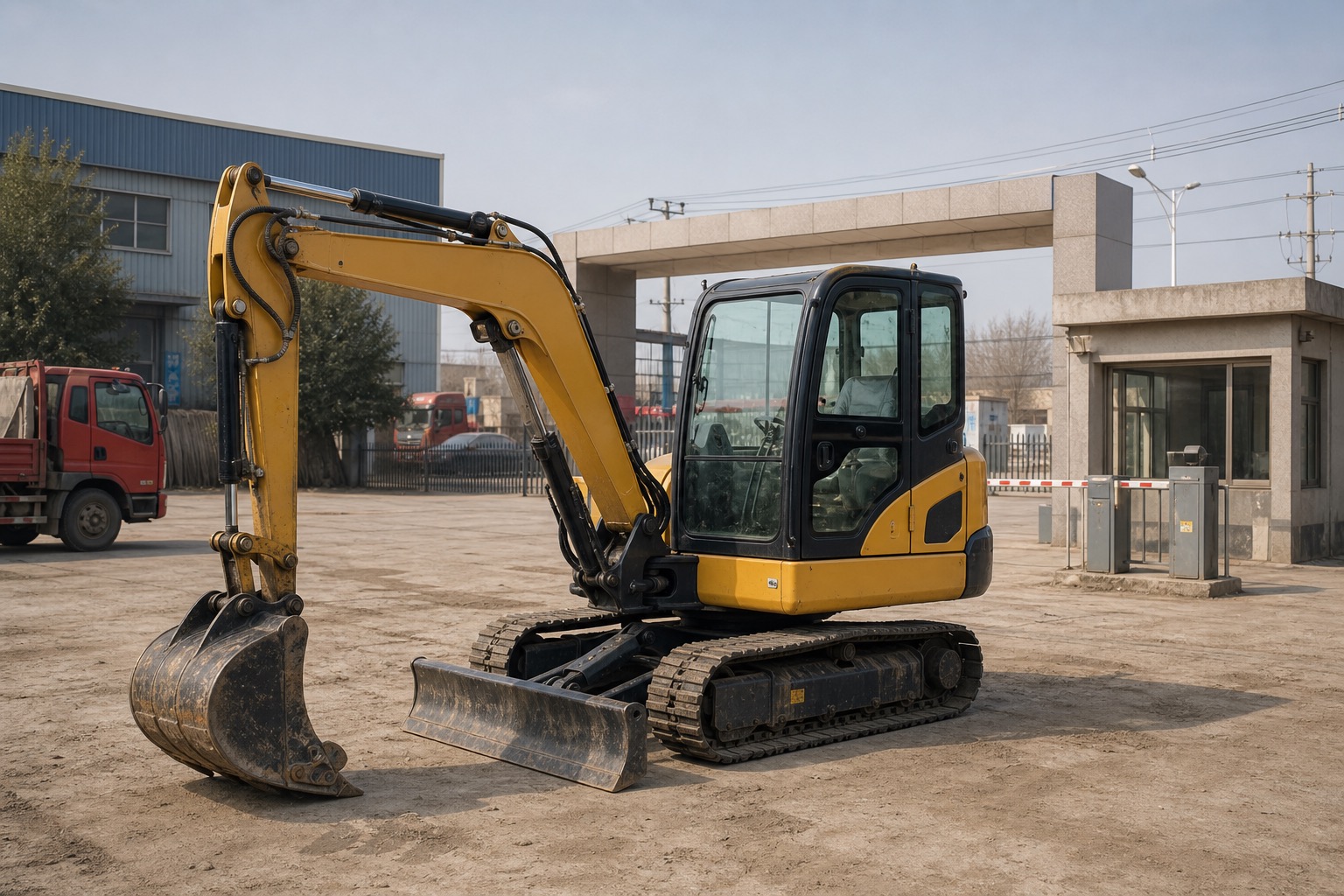 Small crawler excavator in a factory yard
