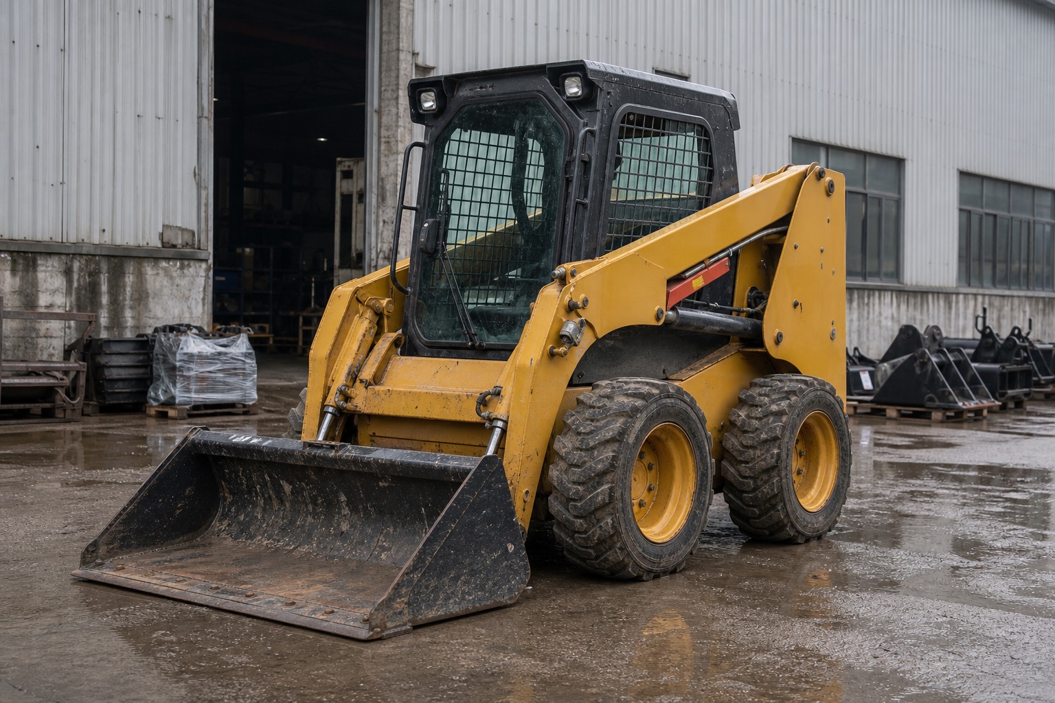Skid steer loader with bucket outside a factory warehouse