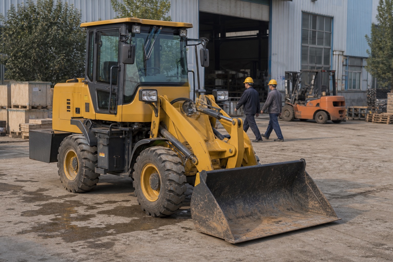 Small yellow wheel loader in a Chinese factory yard